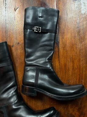 Prada Black Leather Riding Boots with Buckle